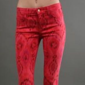 Red patterned skinny jeans