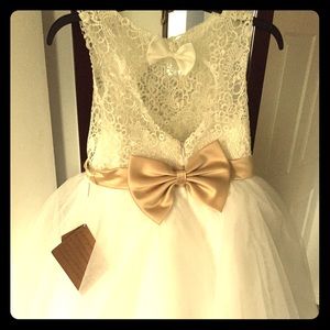 White and gold lace flower girl dress