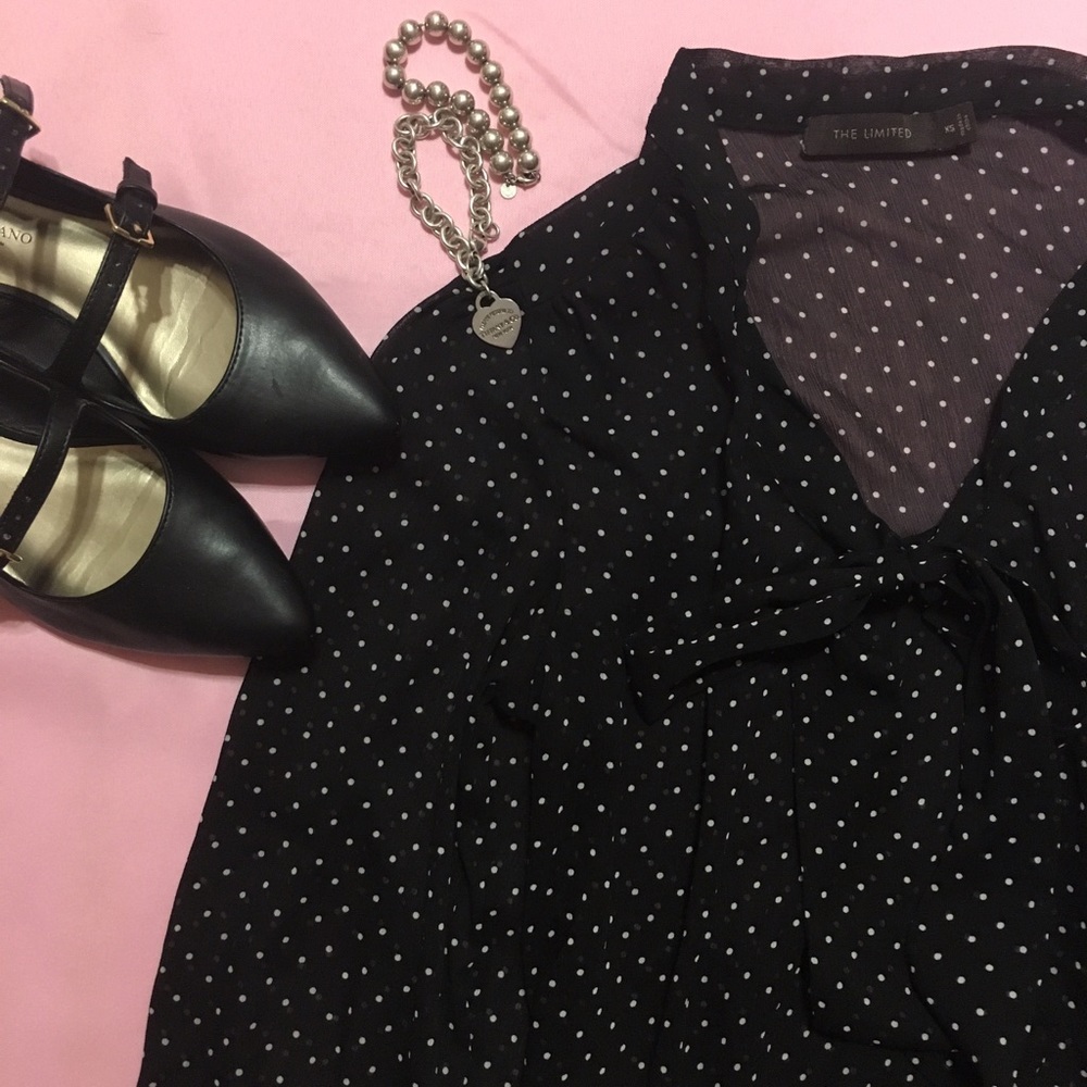 Sheer Black Top with White Dots and Neck Bow