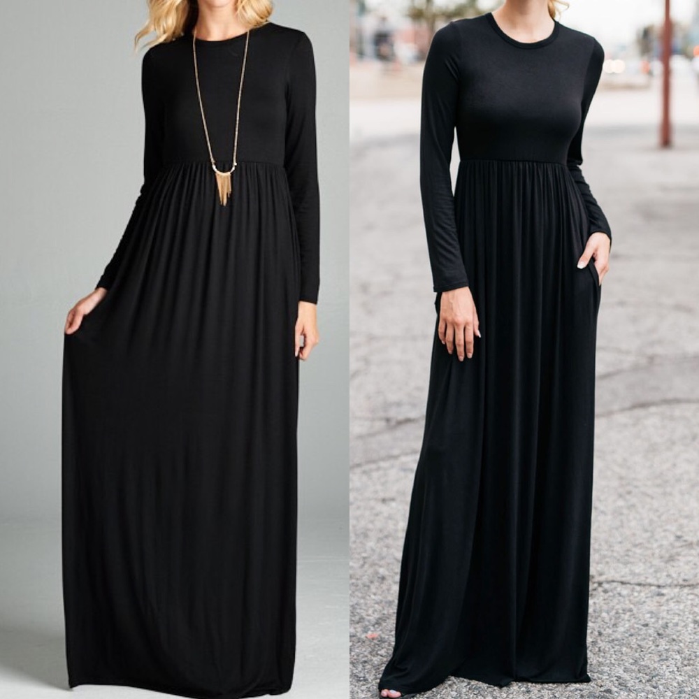 🆕Long sleeve flowy high waist black maxi dress - Picture 1 of 3