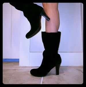 Genuine black suede heeled slouch mid calf boots