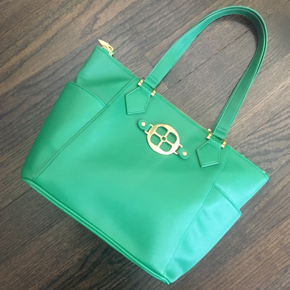 NWOT Iman Green & Gold Zip up Tote Bag