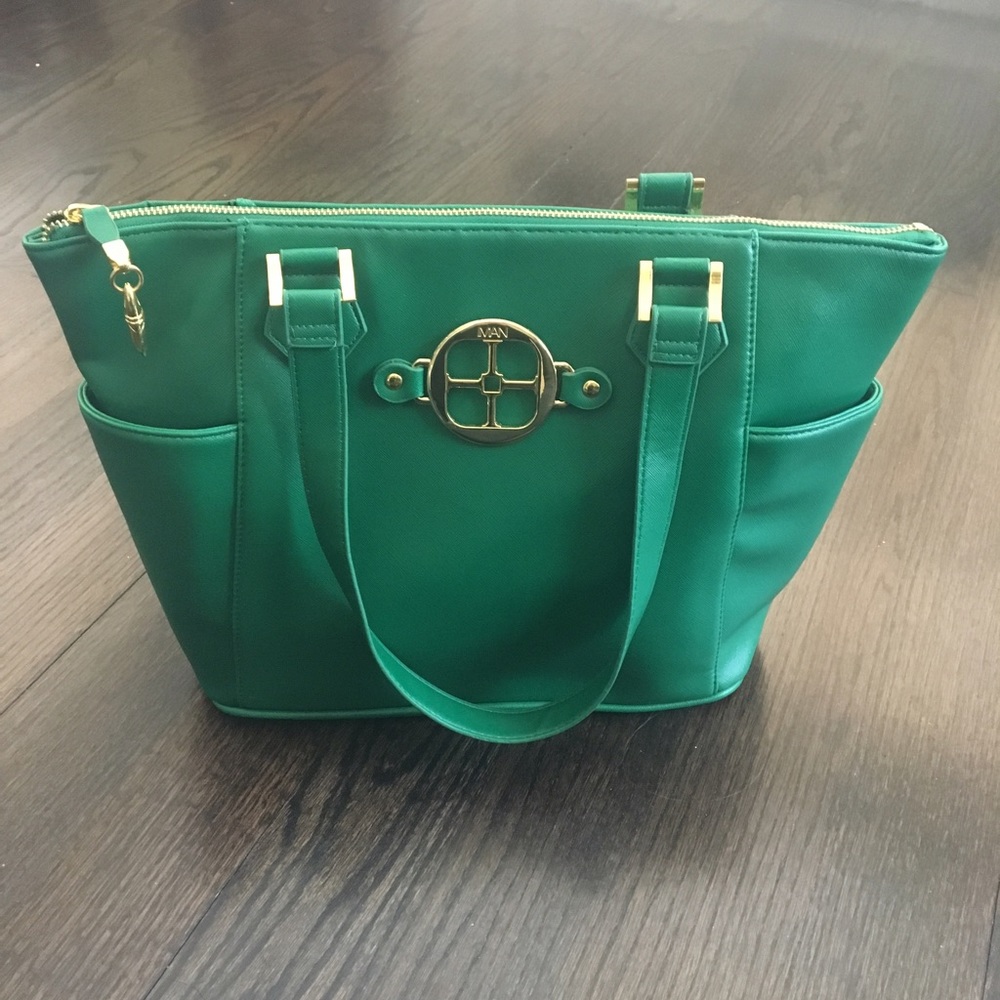NWOT Iman Green & Gold Zip up Tote Bag - Picture 2 of 5