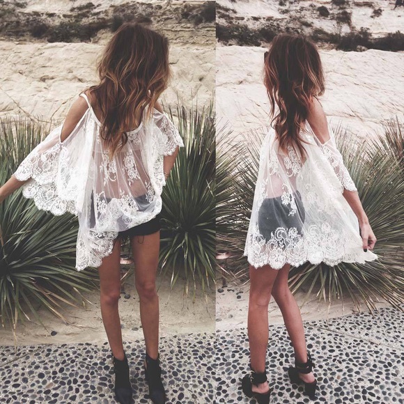 Boutique Tops - White Lace Sheer Cold Shoulder Blouse Coverup Boho