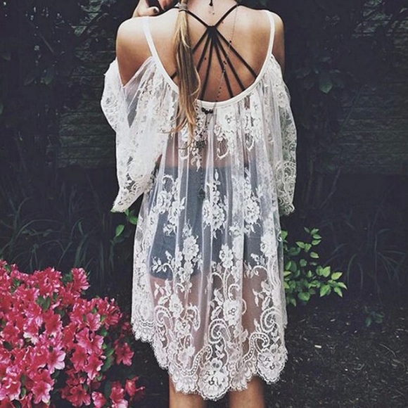 White Lace Sheer Cold Shoulder Blouse Coverup Boho - Picture 3 of 8