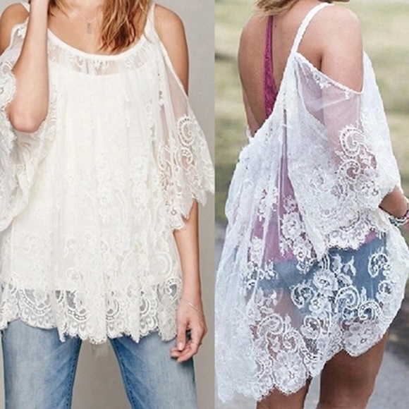 White Lace Sheer Cold Shoulder Blouse Coverup Boho - Picture 6 of 8
