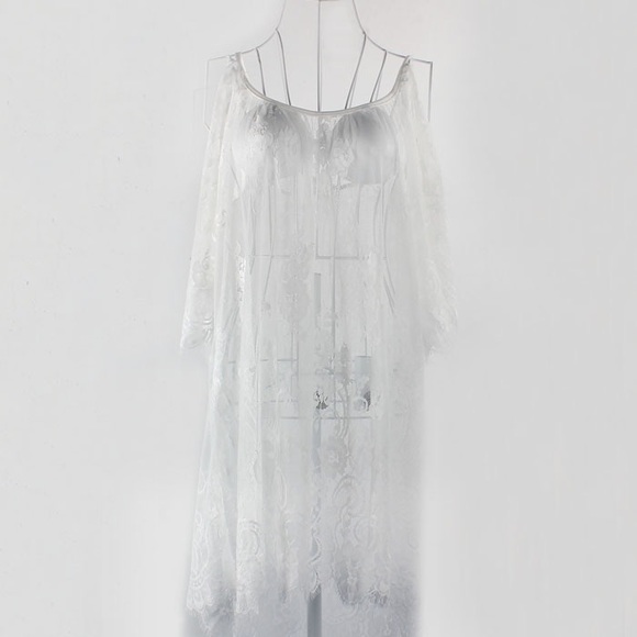 White Lace Sheer Cold Shoulder Blouse Coverup Boho - Picture 7 of 8