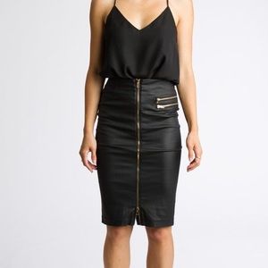 Gold Zipper Front Leather Pencil Skirt