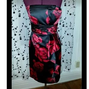 Black & Red Rose Print Strapless Cocktail Dress