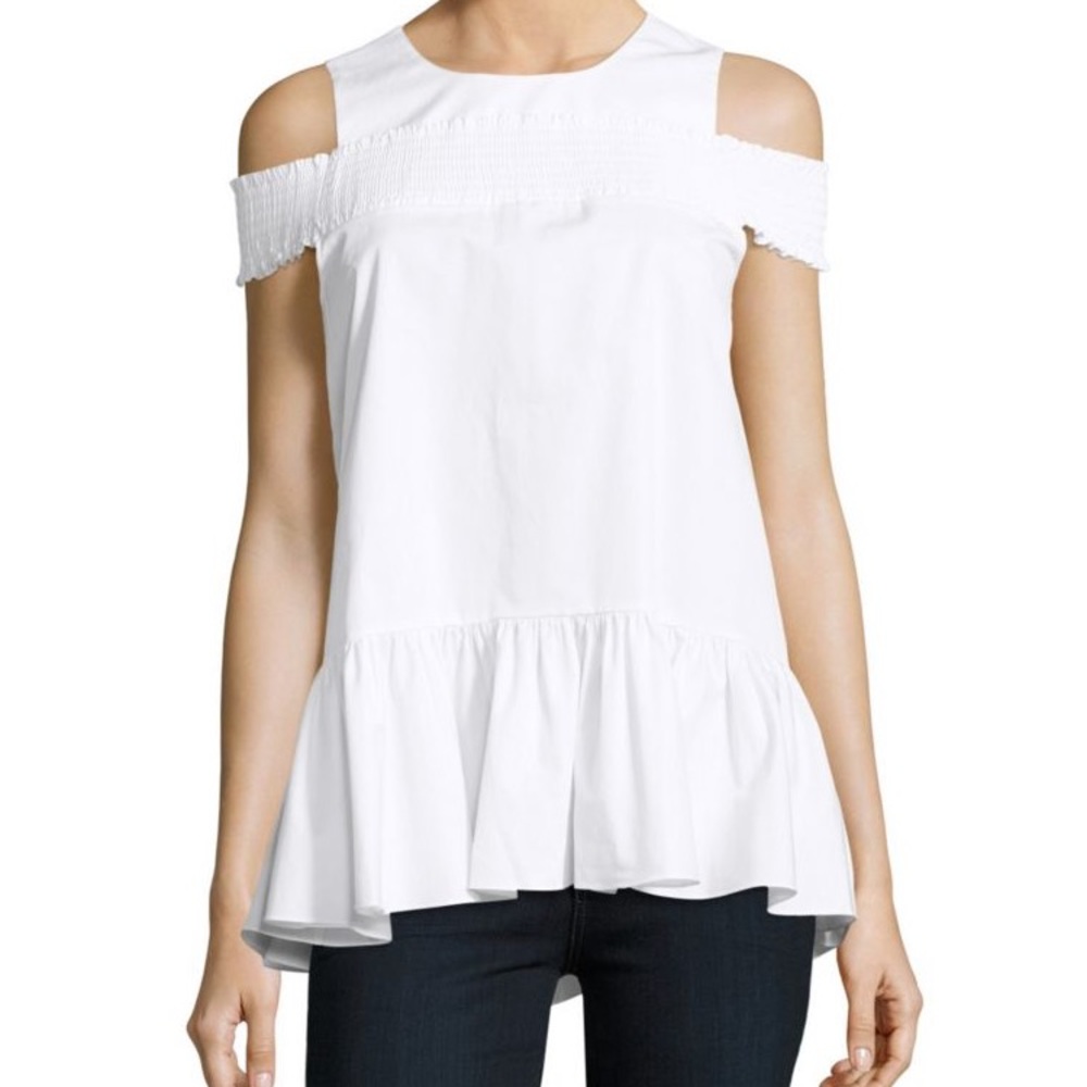 Tibi Satin Poplin Smocked Off Shoulder Peplum Top