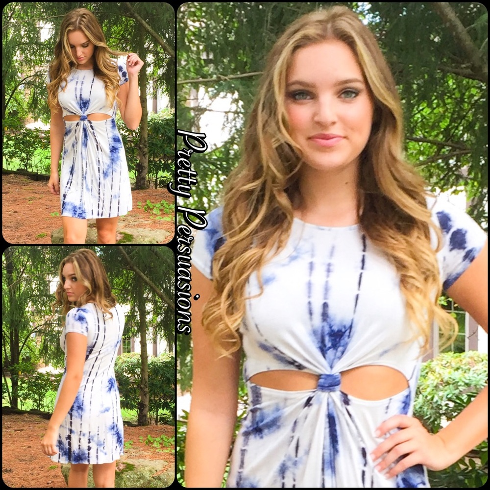Festival Blue White Tie Dyed Knot Front Shirtdress - Picture 4 of 8
