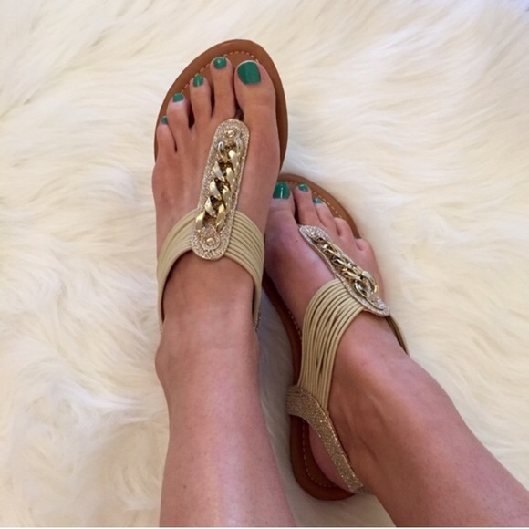 Gold Glitter & Chain Link T-Strap Sandals - Picture 3 of 8