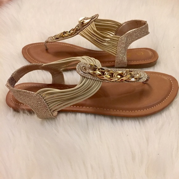 Gold Glitter & Chain Link T-Strap Sandals - Picture 2 of 8