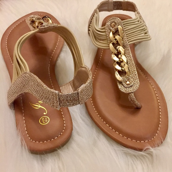 Gold Glitter & Chain Link T-Strap Sandals - Picture 4 of 8