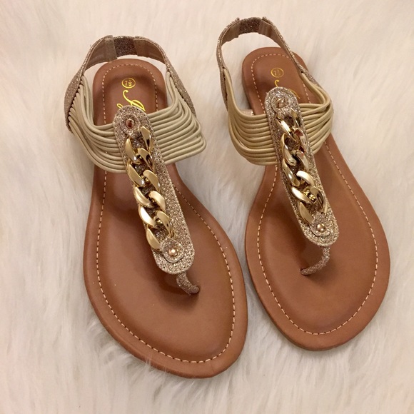 Gold Glitter & Chain Link T-Strap Sandals - Picture 5 of 8