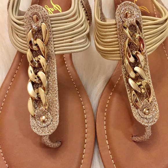 Gold Glitter & Chain Link T-Strap Sandals - Picture 7 of 8