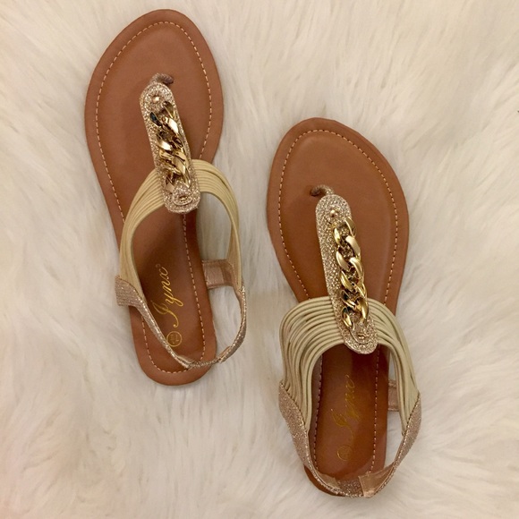 Gold Glitter & Chain Link T-Strap Sandals - Picture 8 of 8