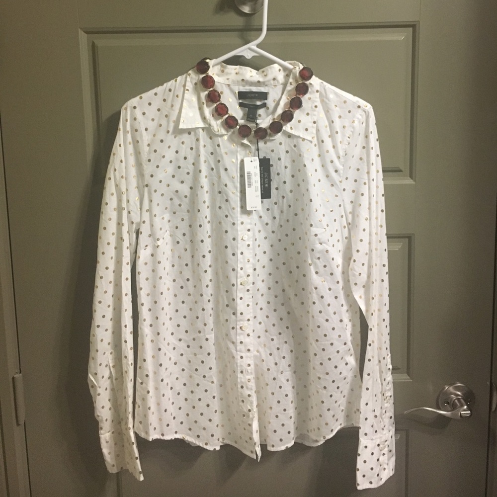 NWT J Crew White Shirt Gold Polka Dots, Size 12