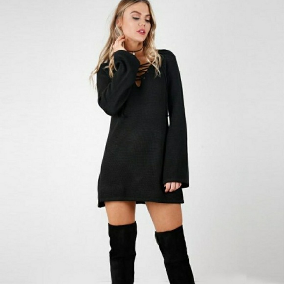 Laceup Vneck Long Sleeve Sweater Dress - Picture 2 of 6