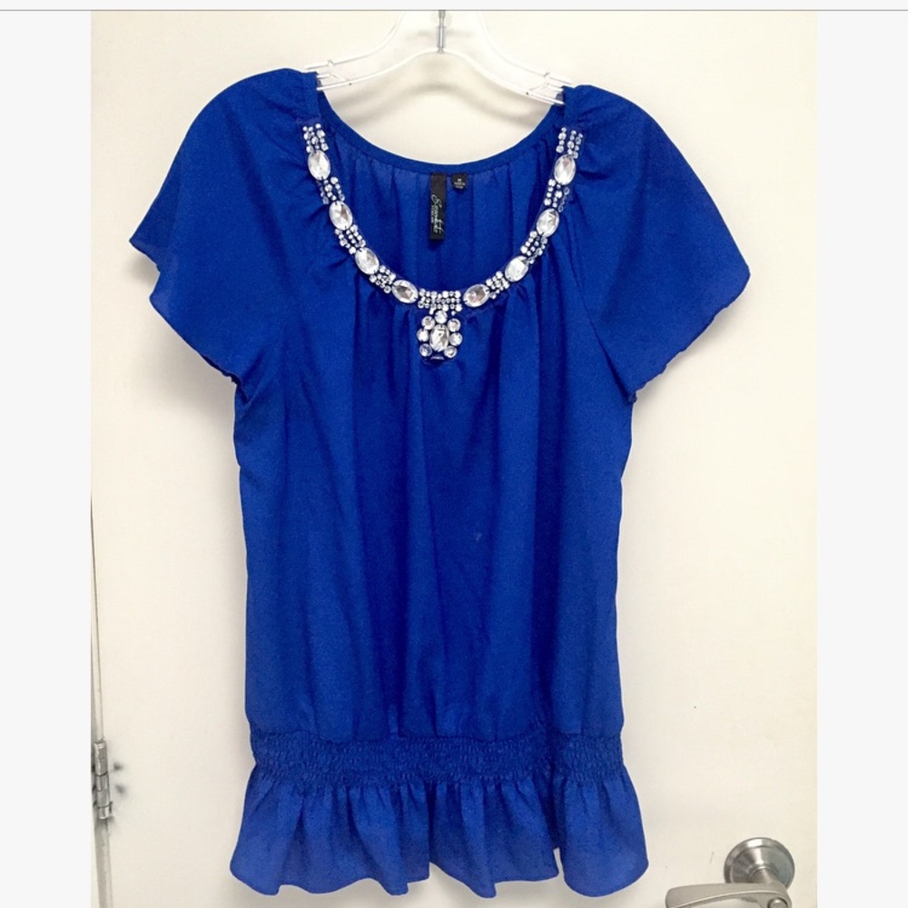 Royal Blue top with Rhinestone Neckline