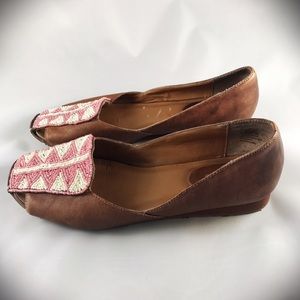 ME TOO Beaded Tribal Brown Leather Peep Toe Flats