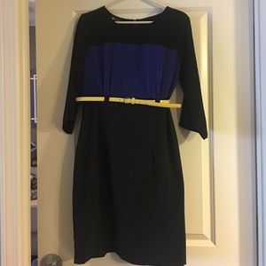 Blue/black dress with yellow belt