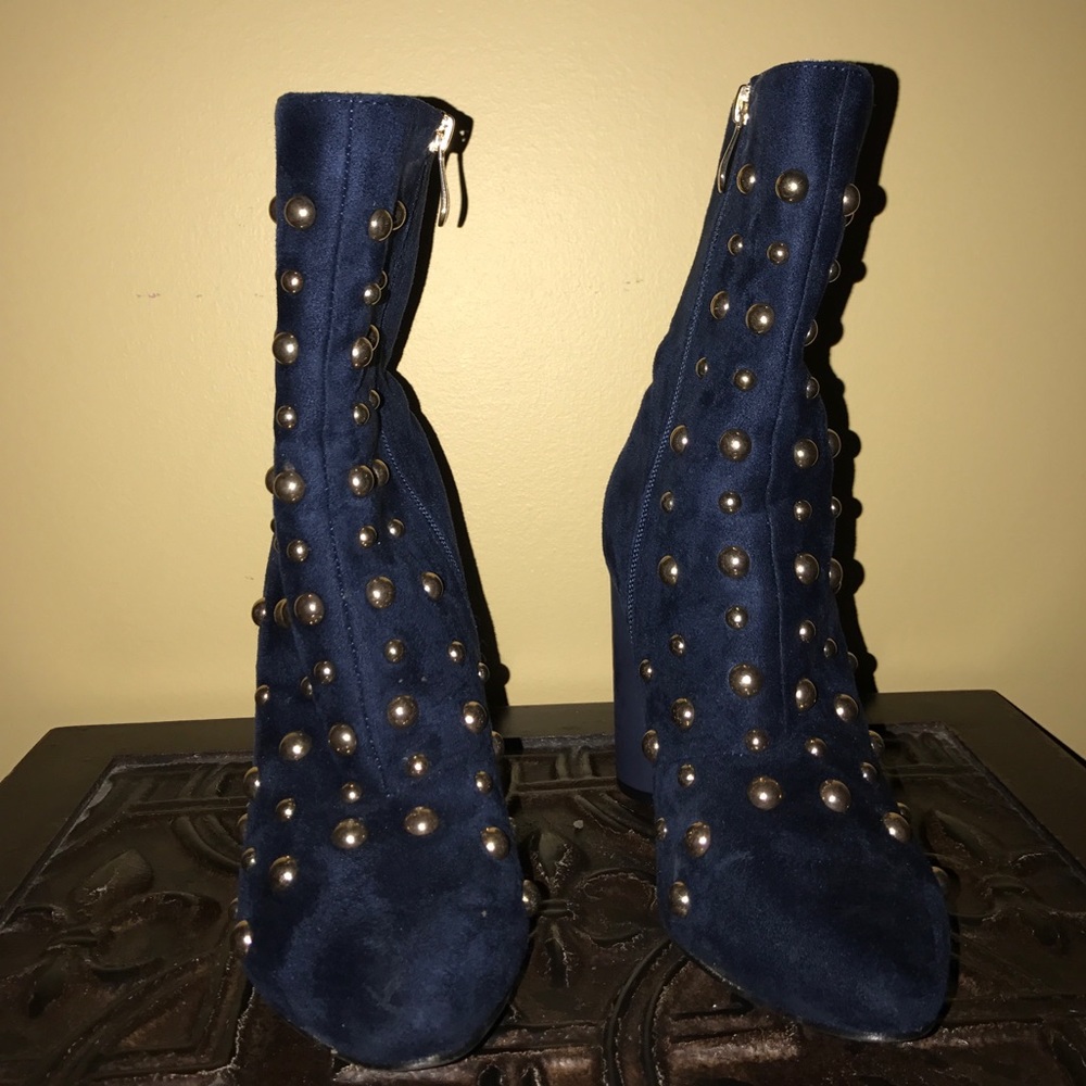 Navy blue suede gold studded heeled boots