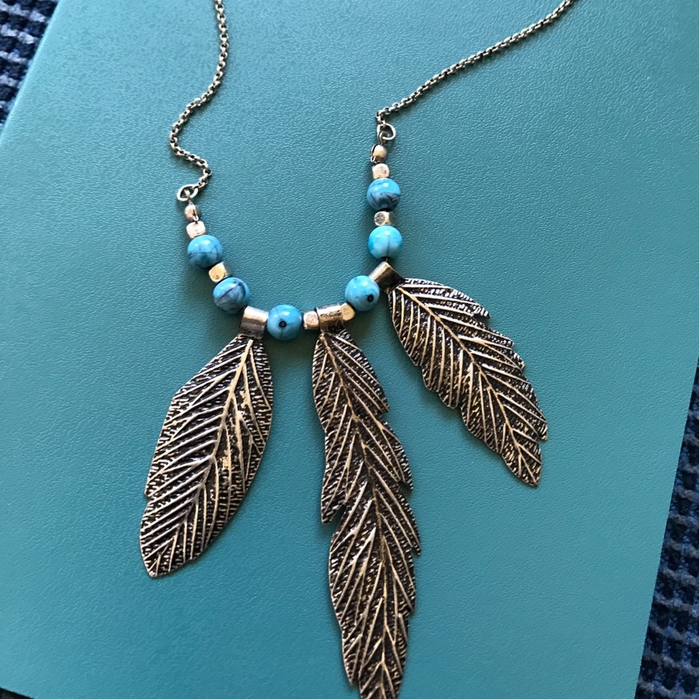 Silver Feather and Turquoise bead Necklace