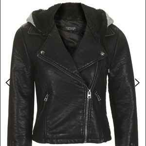 Top shop black leather jacket with hood