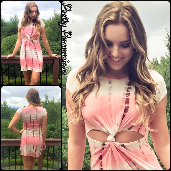 LAST ONE‼️Pink Coral Tie Dyed Knot Front Dress - Picture 5 of 8
