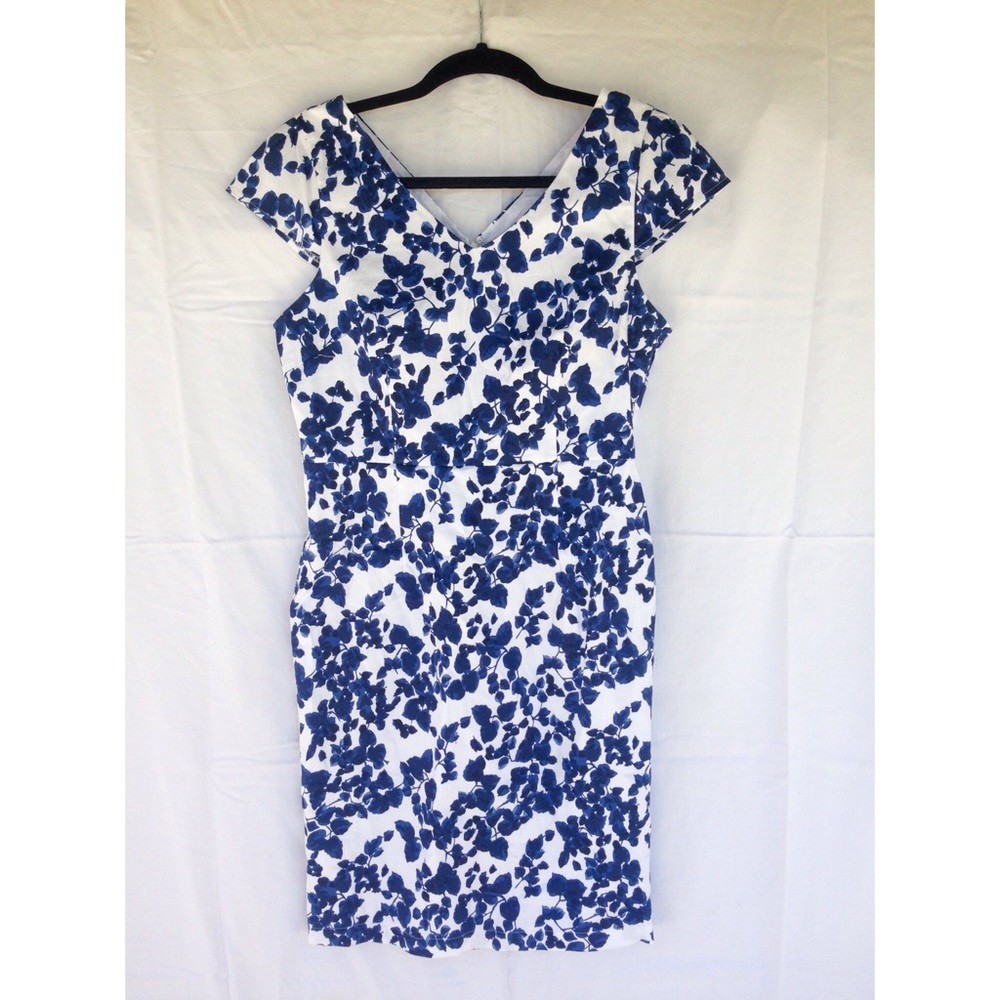 Blue & White Floral Sheath Midi Dress with Sleeves