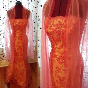 Formal Prom Dress pink nude lace mermaid gown bead