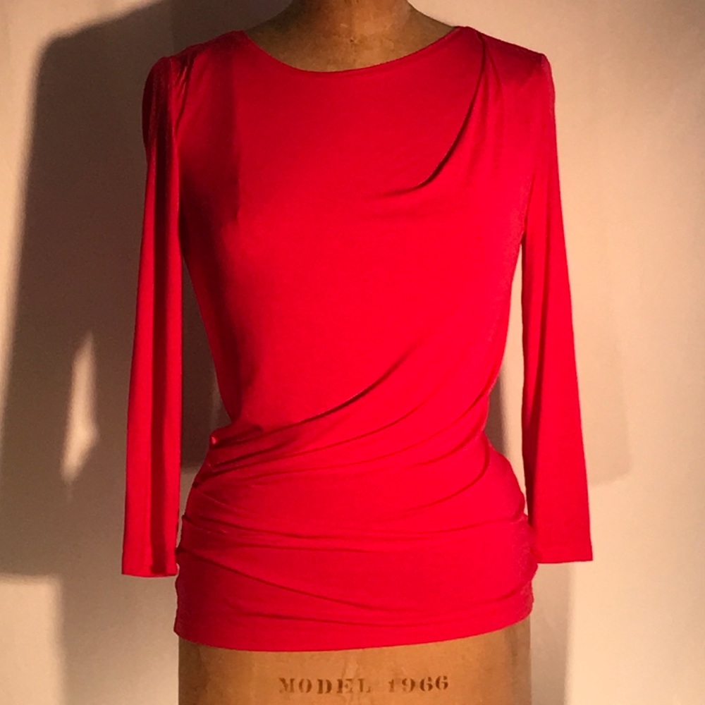 LaFayette148 red knit 3/4slv asymmetrical drape T