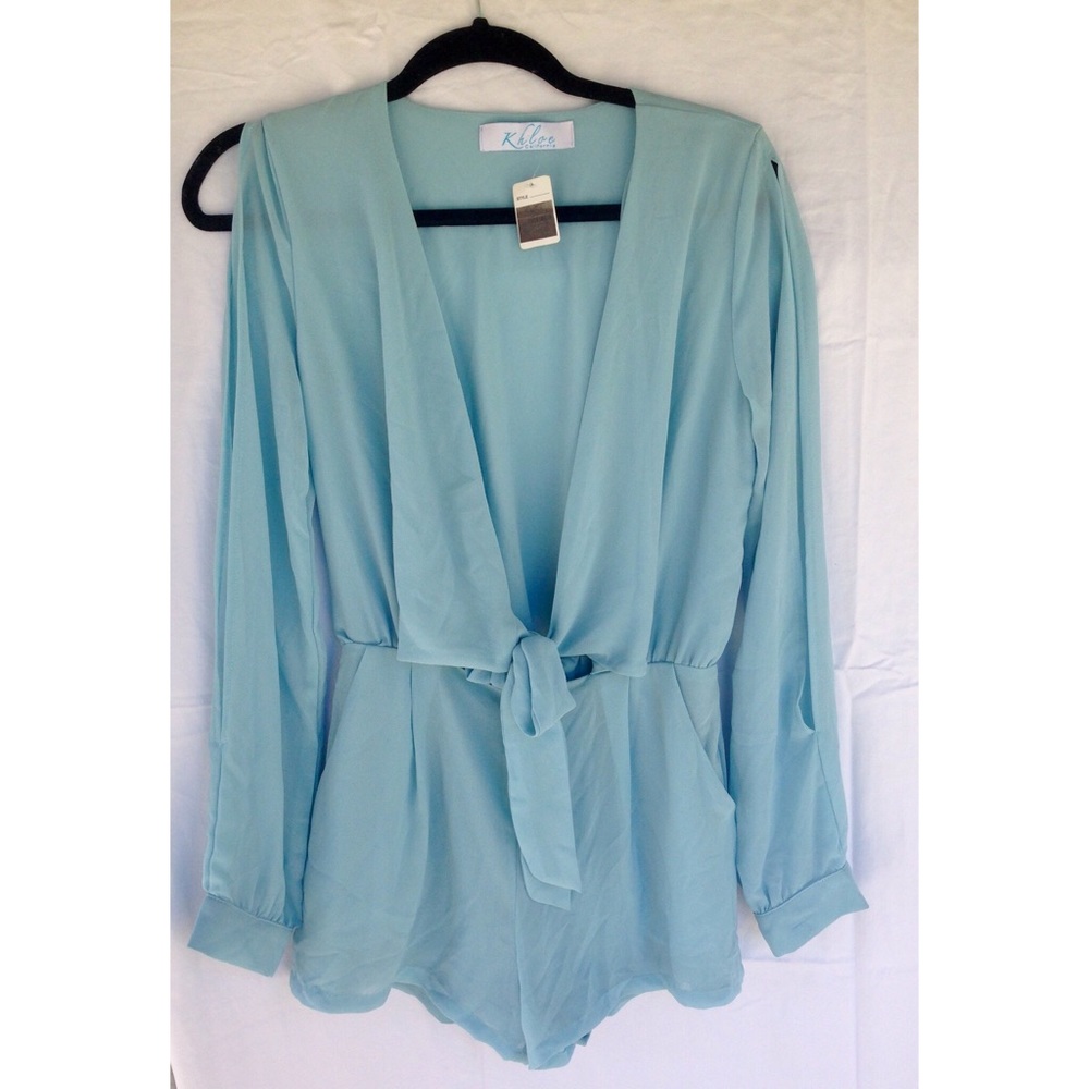 Ice Blue Long Sleeve Deep V TieFront Romper Medium