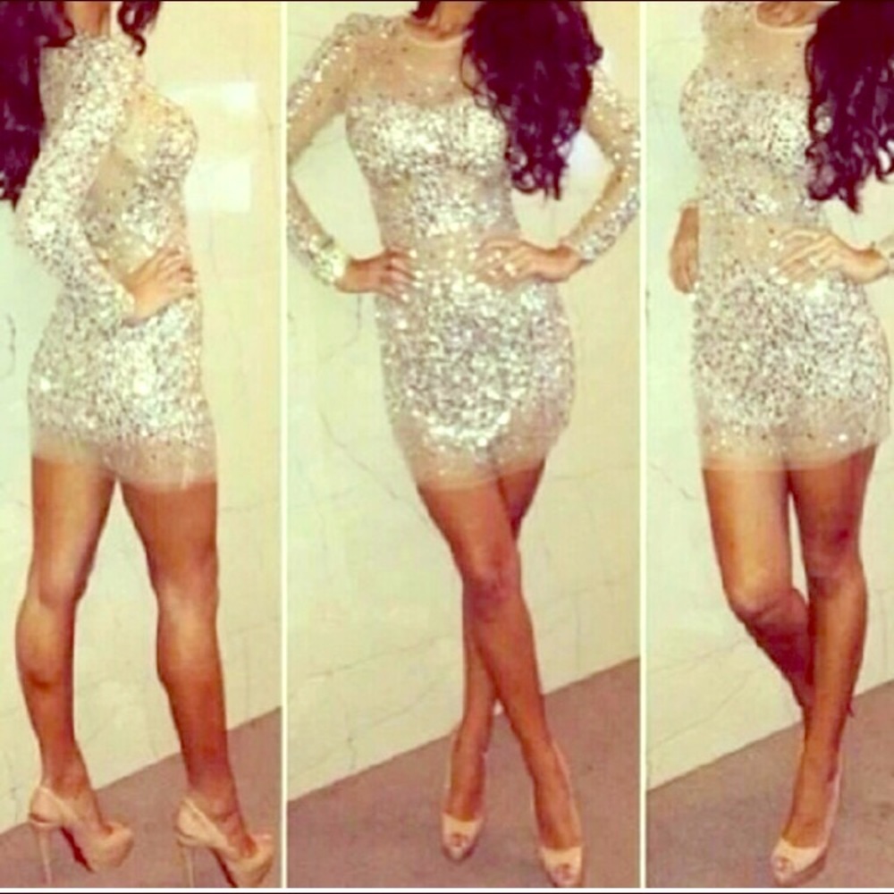 Jovani 7757A Nude Sequined Dress