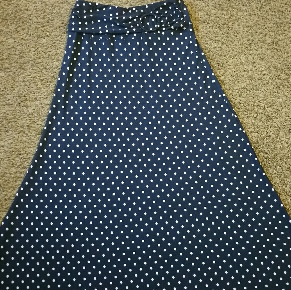 Navy and white polka dot maxi skirt