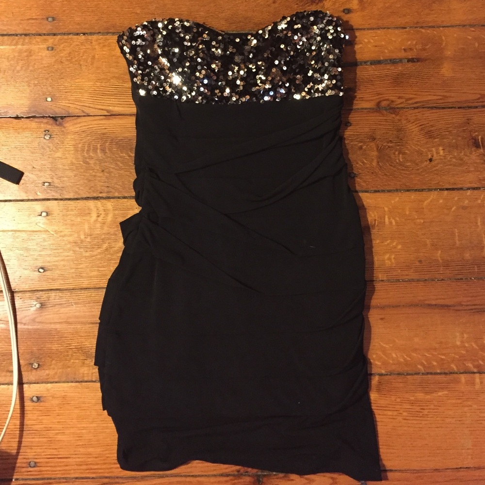 Black strapless dress with sequin top