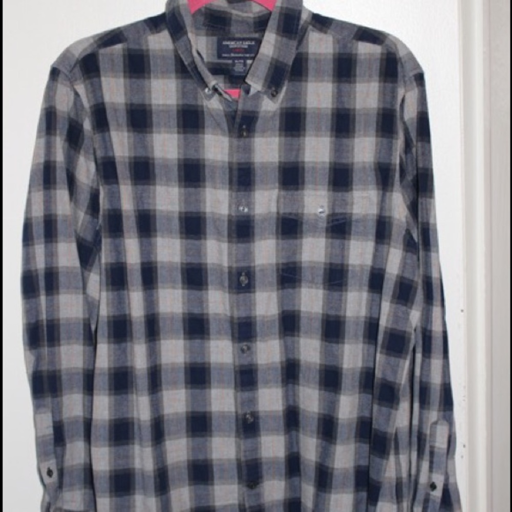 Grey/blue plaid checked button down