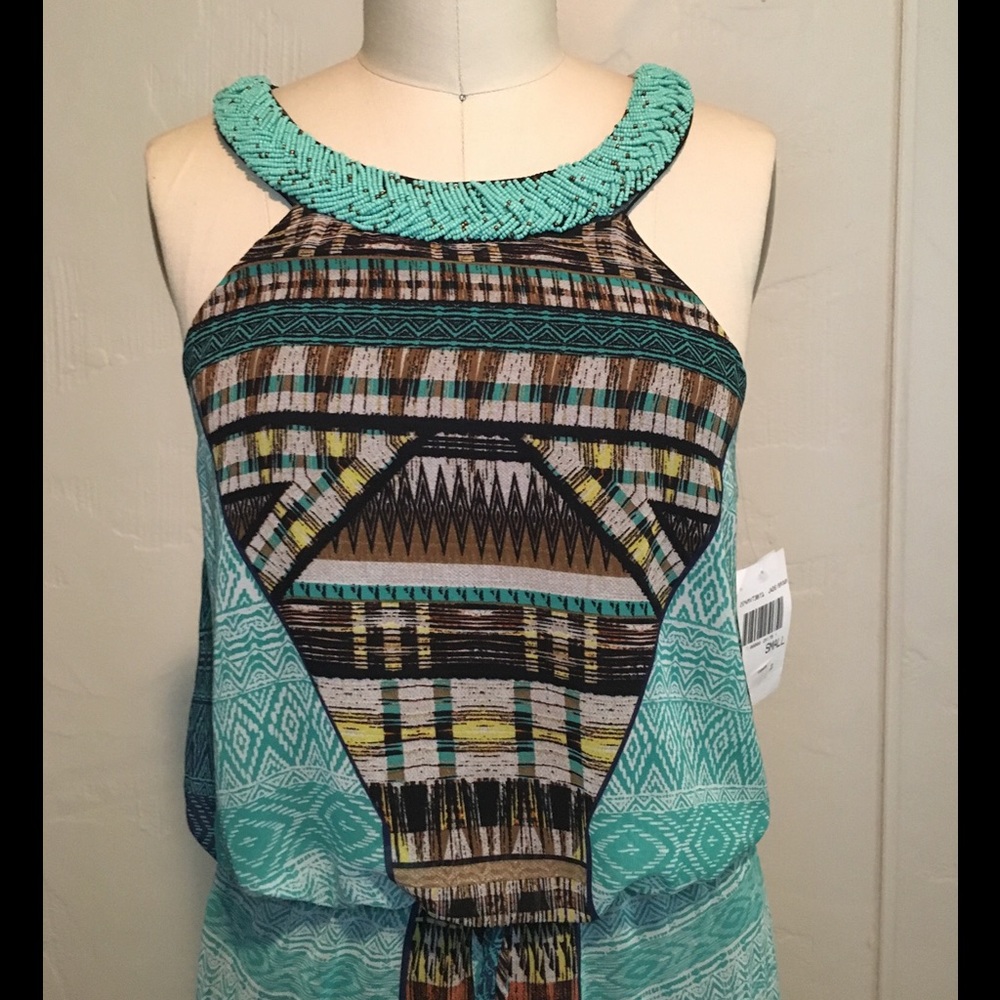 Jodi Kristopher Turquoise Beaded Tribal Maxi Dress