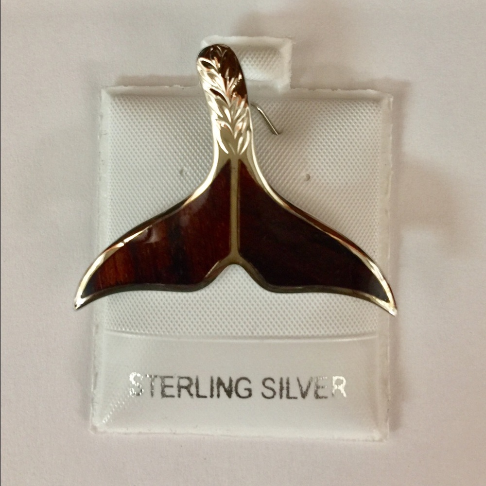 Silver 925 koa wood whale tail large Pendant