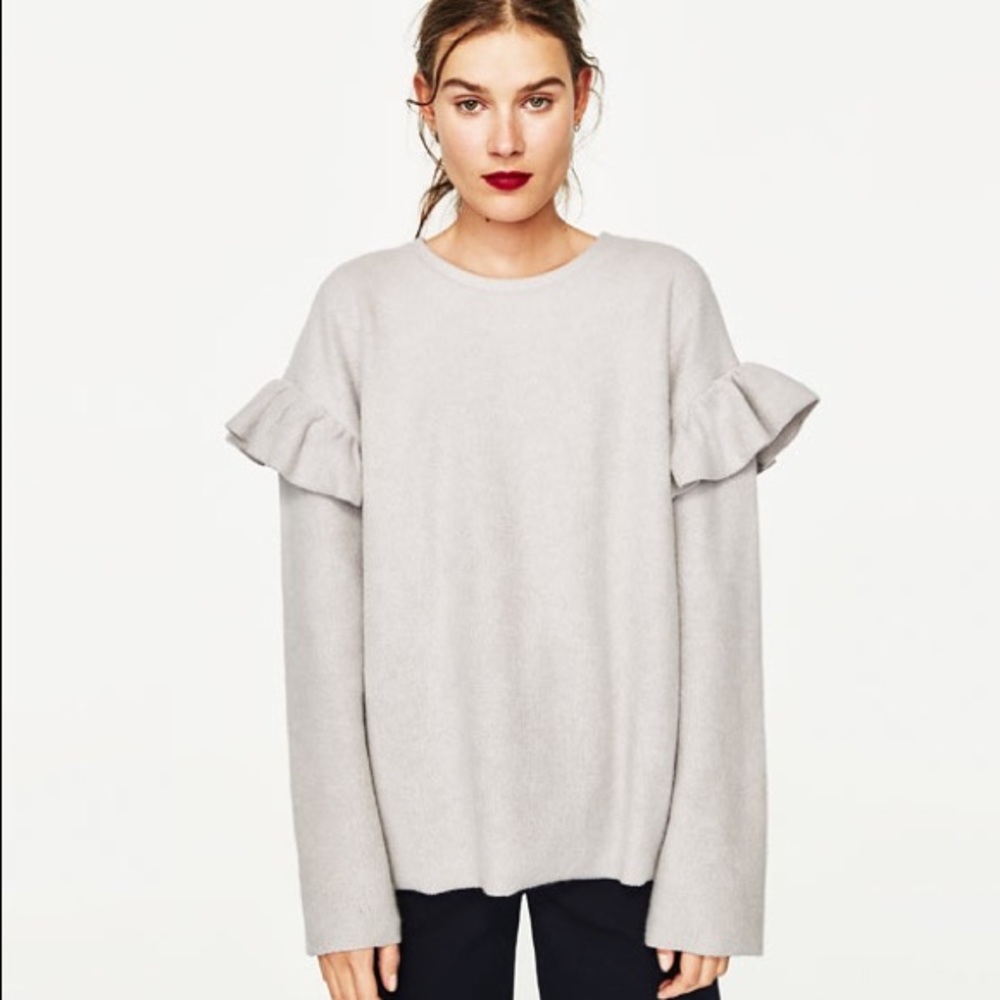 Zara Soft Sweatshirt with Frills - Grey - NWT - S