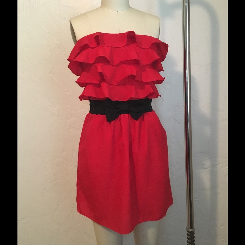 Sugar Lips Strapless Red Ruffle Dress w/ Pockets