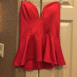 Red strapless deep V shirt