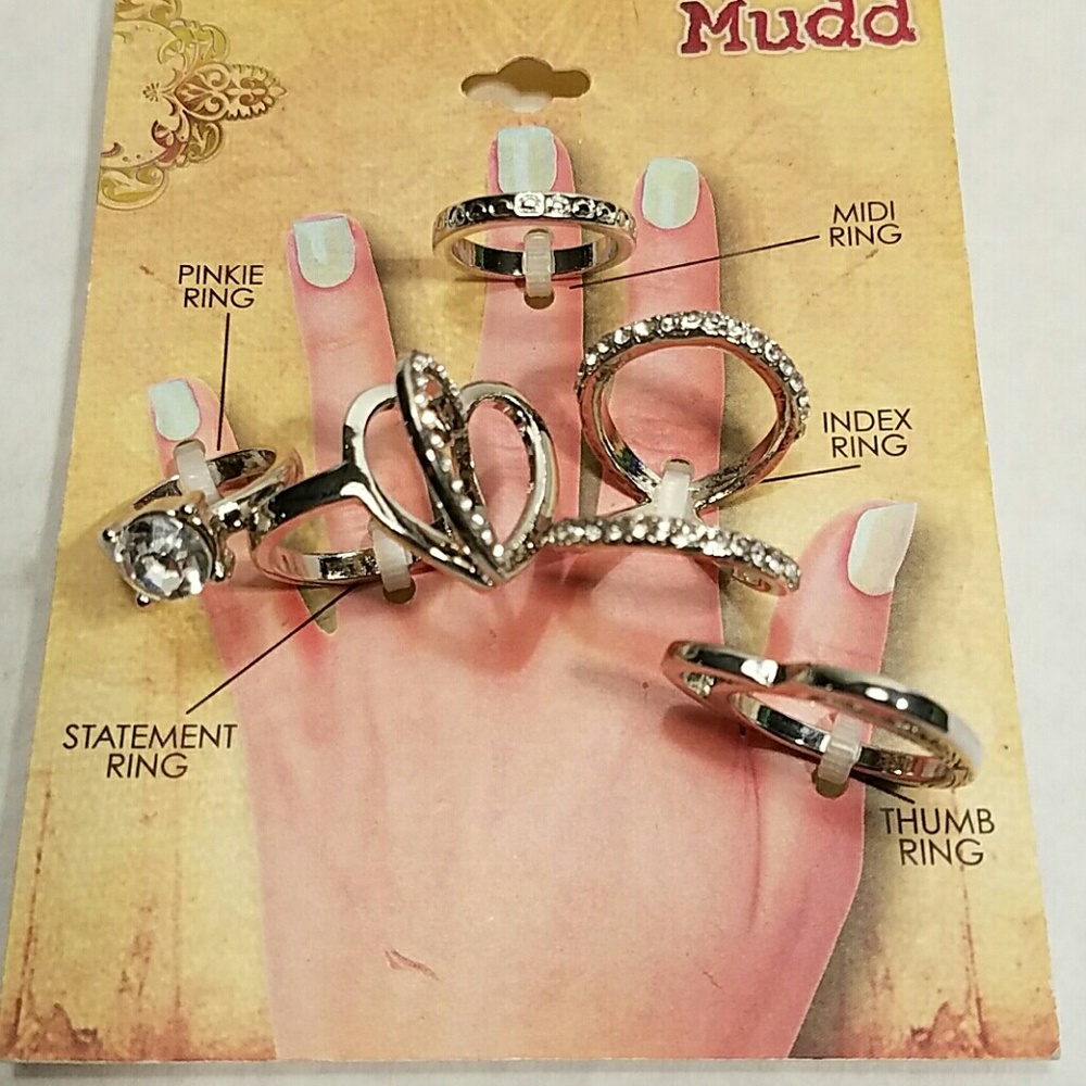 Mudd Silver tone simulated crystals 5 Ring Set