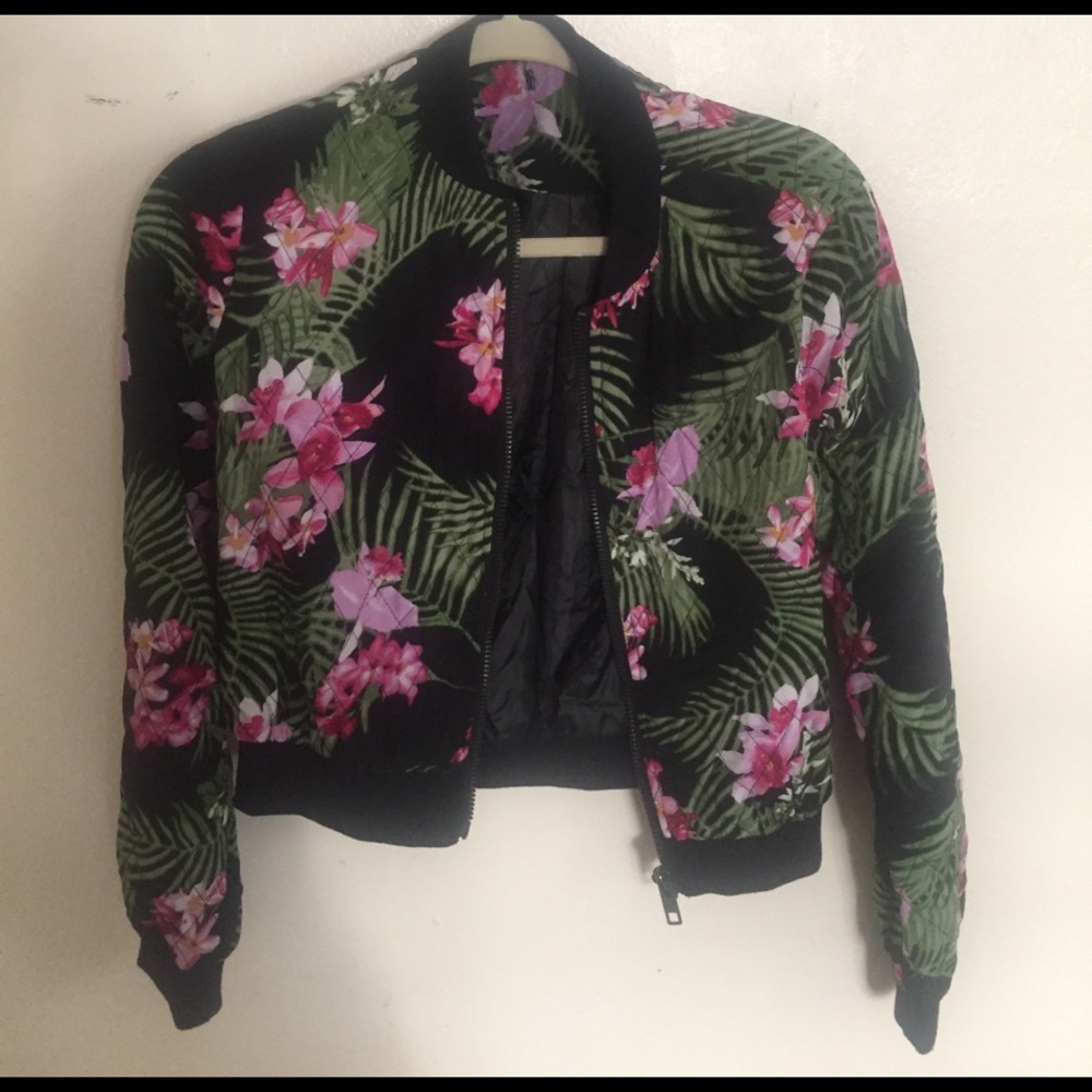 Black Floral Pink Thin Bomber Jacket