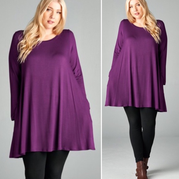 1X-3X Eggplant French Terry dress w/pockets - Picture 2 of 4