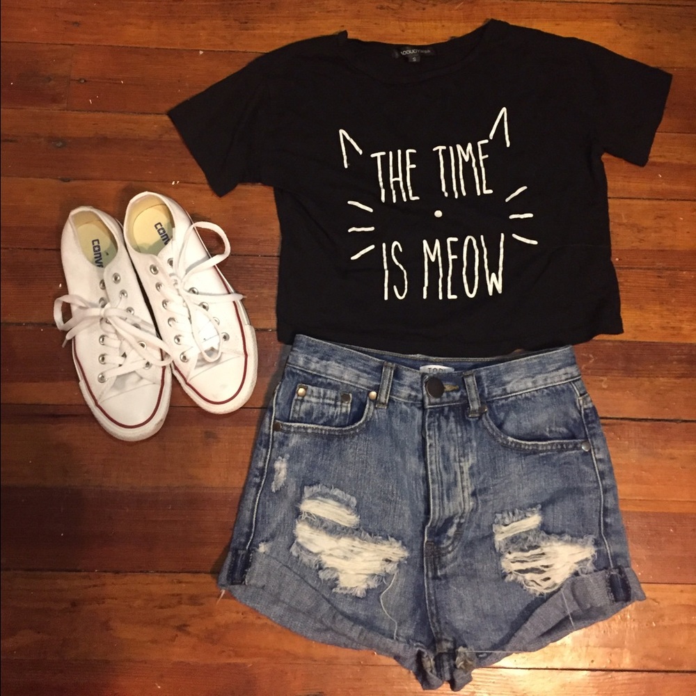 The Time is Meow Black Crop Top
