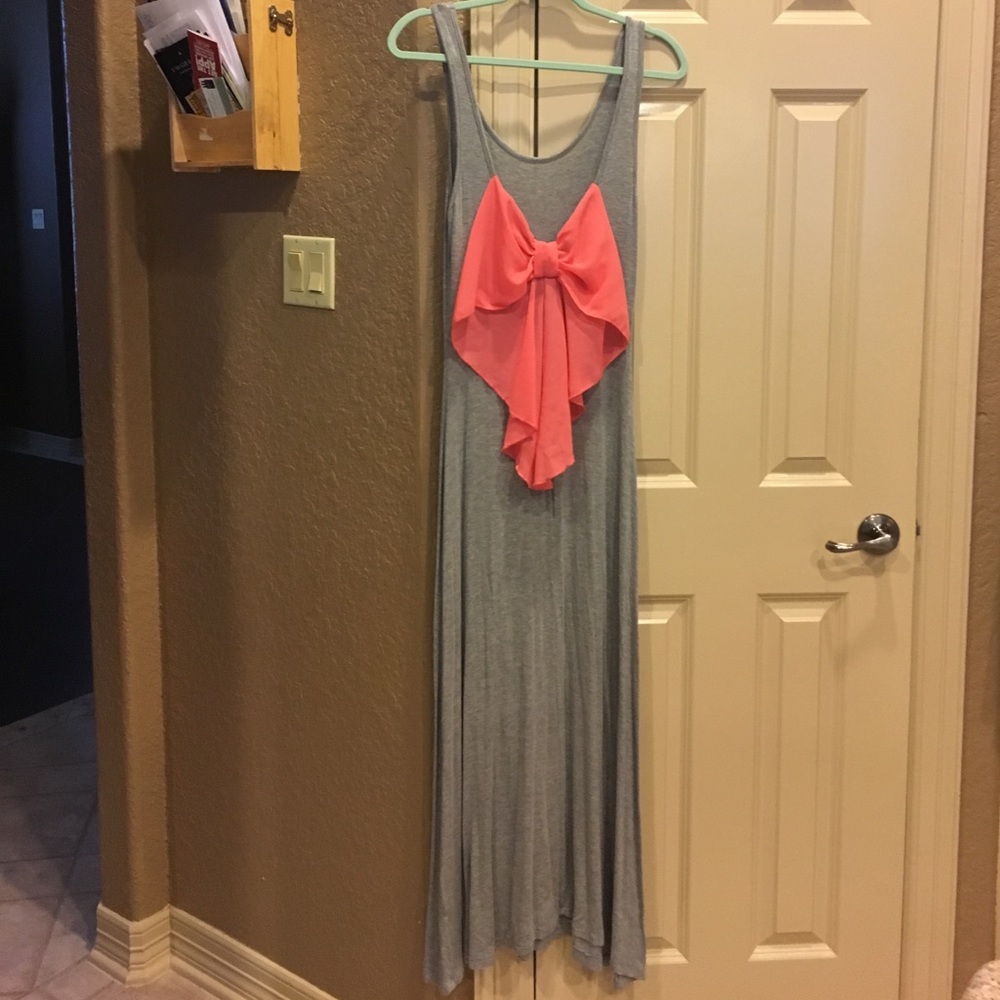 Gray maxi dress with peach bow on back