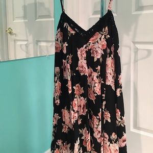 Black, pink, and tan flowery dress.