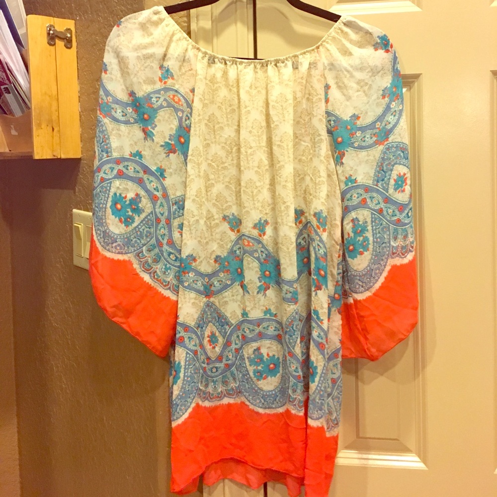 Sheer orange blue and tan top